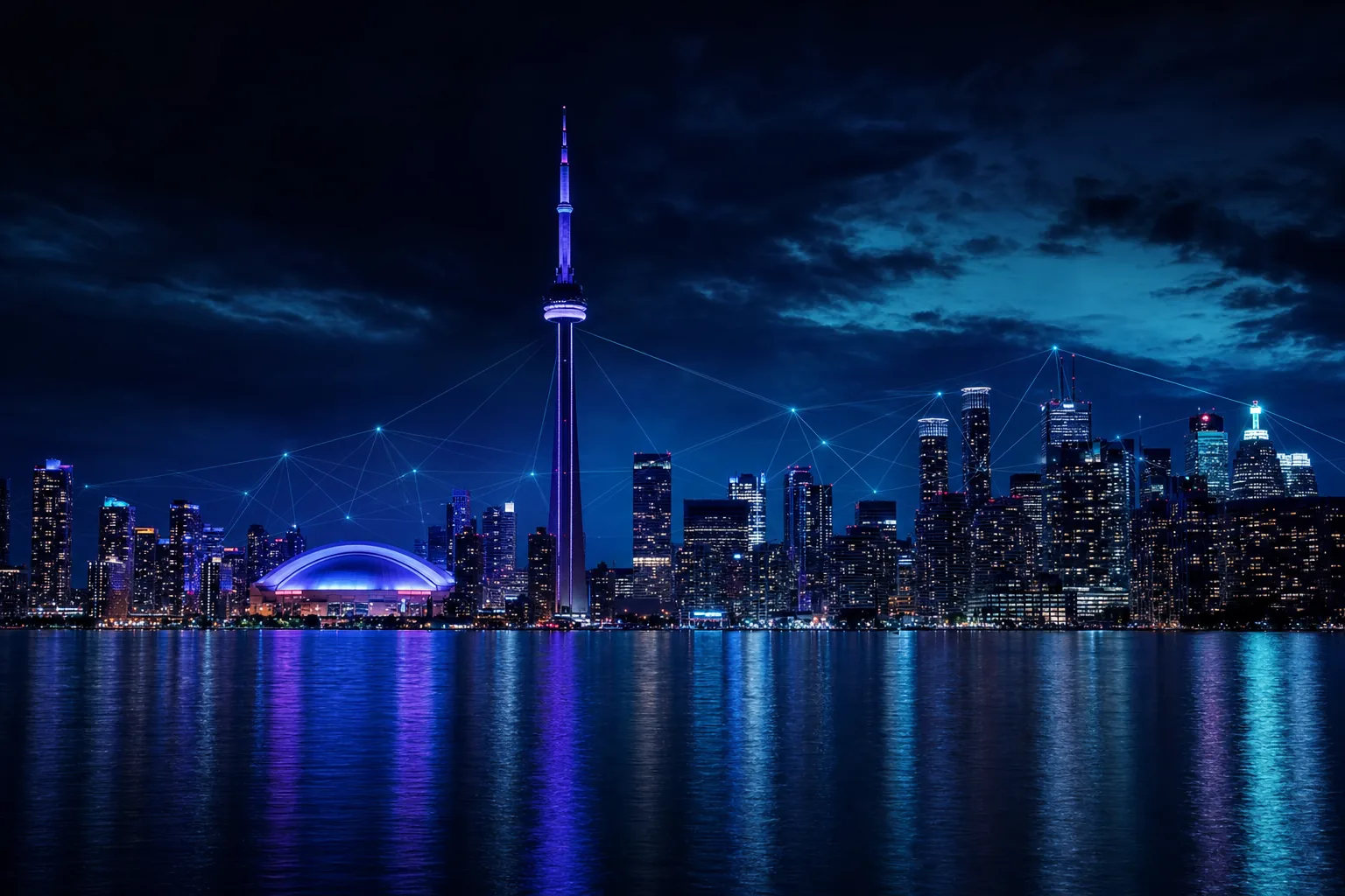 Toronto skyline at night with the CN Tower and a digital data mesh