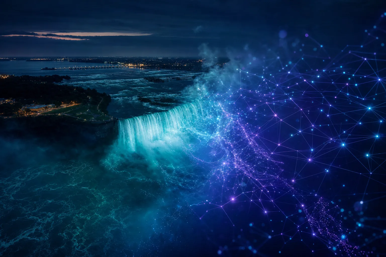 Aerial view of Niagara Falls dissolving into a glowing digital data stream